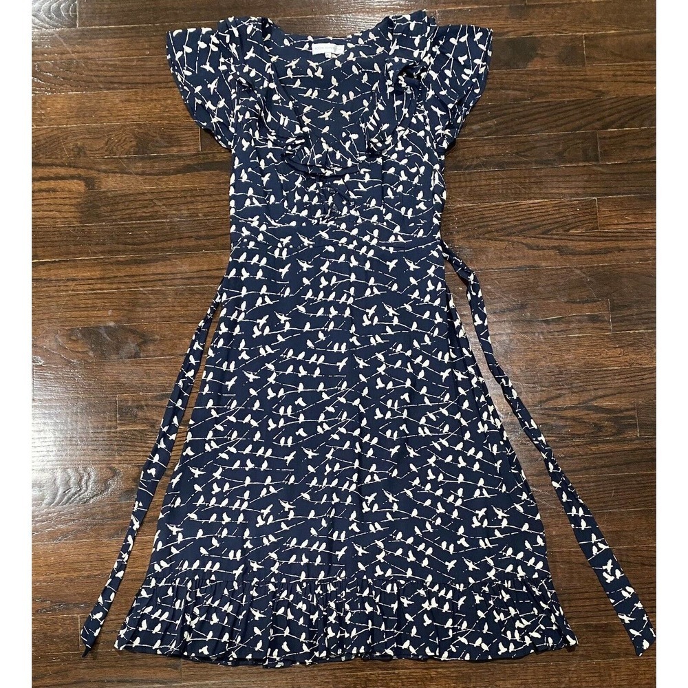 Rocha John Rocha Dainty Novelty Bird Print Dress 8 Tie Waist Ruffle Neck & Hem